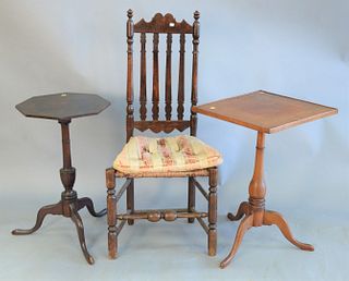 Three piece primitive group, two candle stands along with side chair having slat back rush seat and turned stretchers, 27-1/2" high (tables). Provenan