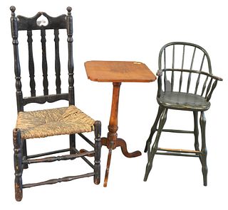 Three Piece Lot, to include bannister back side chair, height 40 1/2 inches; candlestand; along with reproduction youth chair, height 32 inches.