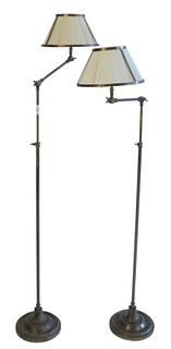 Pair of Bronze Adjustable Floor Lamps, with metal framed silk shades.