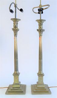 Pair of Brass Candlesticks, made into table lamps, probably 19th Century, total height 38 1/2 inches.