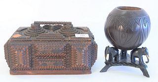 Two piece lot to include a tramp art lidded box with handle, height 5-1/2 inches, along with a Burmese carved coconut bowl with carved elephant feet, 