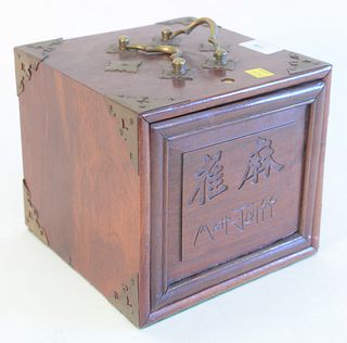Chinese Bone Mahjong Set, in wooden locking box with brass details and handles, height 7 1/2 inches, width 7 1/2 inches, depth 8 inches.