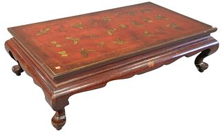 Chinoiserie Decorated Coffee Table, with butterflies, height 13 inches, top 24 1/2" x 43 1/2".