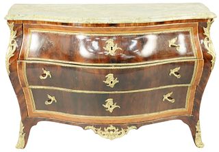 Northern European Bombe Commode, mahogany and rosewood veneered, ormolu mounted with marble top, variegated green marble top possibly by association 
