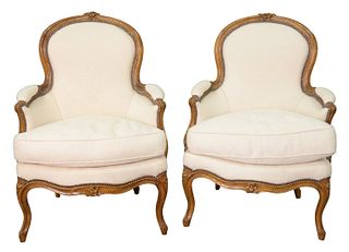 Pair Louis XV Style Bergeres, in custom upholstery, height 36 inches, along with Claremont fabric, Palmadamask, George Spencer pattern.
