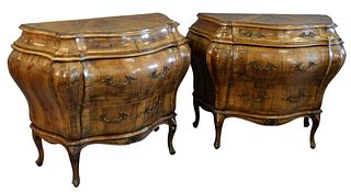 Pair Louis XV Style Inlaid Commodes, Bombay form, one brass missing, height 32 inches, width 39 inches.