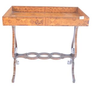 Victorian Style Bar Table, with parquetry inlaid top, having lyre supports, height 29 inches, top 15 1/2" x 30".
