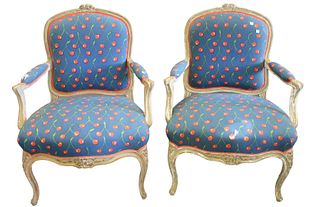 Pair Louis XV Style Fauteuil, (three holes in upholstery), height 37 inches.