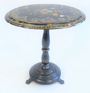 Papier Mache Tip Table, with painted and mother of pearl inlay, on pedestal base, (one chip to edge), height 29 inches, top 23" x 29".