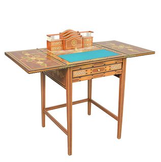 Middle Eastern Style Table/Pop Up Desk, with letter holder and felt writing surface
(veneer chipped at top center), height 29 1/2 inches, open top 21 
