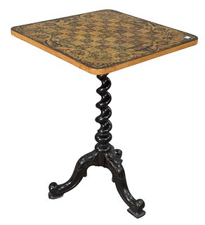 Side Table, with all over black lacquer and a stencil decorated gameboard top over spiral turned shaft, on cabriole legs, height 26 3/4 inches, top 20