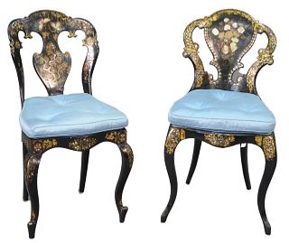 Victorian Papier Mache and Black Lacquered Side Chair, with mother of pearl inlay and gilt decoration, having upholstered seat cushion, seat height 19