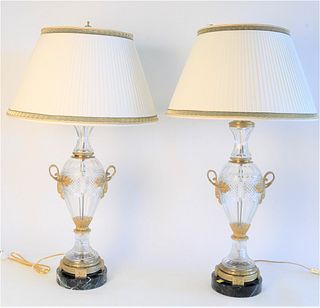 Pair French Crystal and Bronze Table Lamps, having bronze mounts on round marble bases, height 32 1/2 inches.