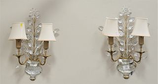 Pair of Two-Light Candle Sconces, having glass urn form bottom, with glass flowers and leaves, height 20 inches.