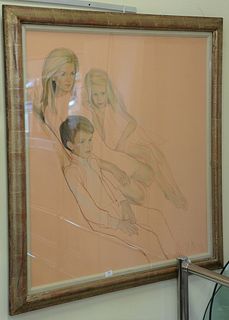 Large Framed Pastel, on paper, of mother and two children, signed indistinctly and dated 1970 lower right, sight size 45" x 40".