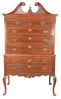 Queen Anne Style Highboy in 2 parts, having burlwood drawer fronts with pullout slide, height 81 inches.