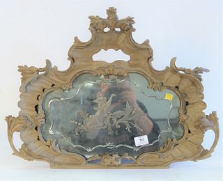 Rococo style mirror with etched bird design, 19th century, height 18 inches, width 24 inches.