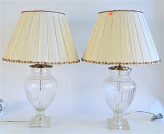 Pair of Urn Shaped Crystal Lamps with custom silk shades, height 24 inches.