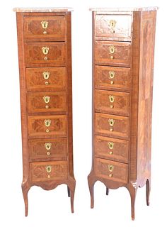 Pair of Louis XV style marble top Semainiers with 7 drawers, France, circa 1900, height 51-1/2 inches, width 14 inches, depth 19 1/4 inches.