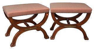 Pair of Continental Benches, with cerule bases, ending in paw feet, height 20 inches, top 17" x 24".