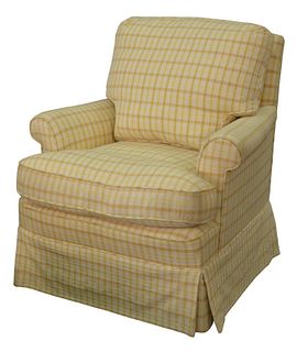 Custom Upholstered Armchair, with yellow checkered upholstery, down cushion, height 30 inches, width 31 inches.