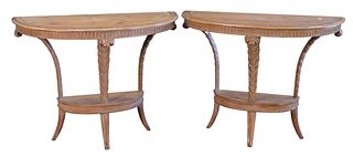 Pair Pine Demilune Tables, having plume supports, height 31 1/2 inches, width 40 inches, depth 18 inches.