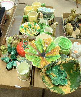 Three Tray Lots of Majolica and Glazed Ceramics, to include cabbage bowls, corn mugs, cabbage creams, a shell dish with muscle feet, along with five l