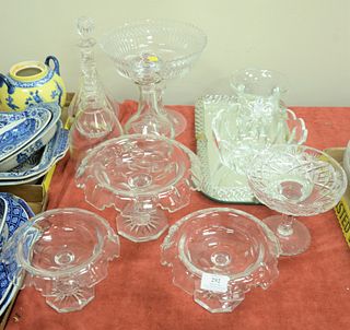 Eleven Pieces of Cut Glass and Crystal, to include glass mirrored tray with twist border; set of 3 cut crystal compotes; crystal bowl; 3 decanters; al
