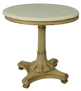 Onyx Top Round Table, on carved, green and gold decorated pedestal base, height 25 inches, diameter 27 inches. Provenance: The Estate of Alina Roisen,