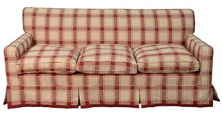 Albert Menin Interiors Plaid Custom Upholstered Sofa, height 32 inches, length 72 inches; along with a king headboard, height 49 inches, width 78 inch