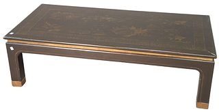 Asian Style Black Lacquer and Gilt Decorated Coffee Table, brass capped feet, height 14 inches, top 23" x 48".