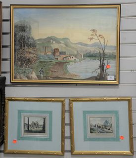 Ten Piece Group of Framed Scenes, to include a large gouache of figure in an Italian village, 16 1/2" x 23"; along with four hand colored engravings o