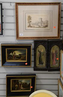 Five Piece Framed Group, to include 18th Century ink on paper with castle landscape scene; two oil on tin, Dutch scene with figures; along with a pair