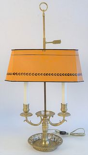 French Bouillotte Brass Table Lamp, having orange told shade, with 2 lights, total height 26 inches.