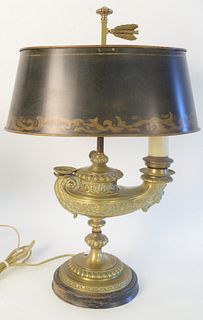 Brass Electrified Oil Lamp, with one light and tole shade, height 22 inches.
