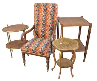 Four Piece Lot, to include child's armchair with needlepoint upholstery, height 36 inches; along with three mahogany stands including oval brass bound
