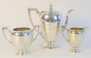 Reed & Barton Three Piece Sterling Silver Tea Set, to include teapot (10") , sugar, and coffee pot. 49.7 Toz