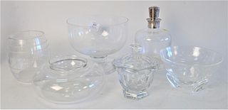Six Piece Crystal Group, to include Christofle decanter with silver top; Stuart; Steuben compote, marked with an 'S', height 6 3/4 inches; Steuben bow