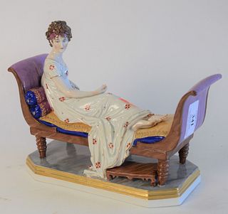 Chelsea Porcelain Recamier Figure, and reclining woman marked with gold anchor, height 7 inches, length 9 inches.