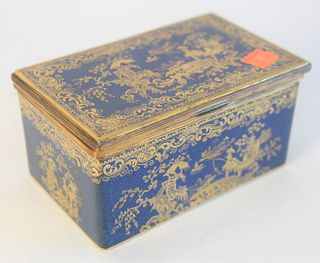 Copeland Spode Box, with hinged lid, reeded brass trim, all in a powder blue with Chinese gilt decoration, height 3 1/4 inches, top 4" x 6 1/4".