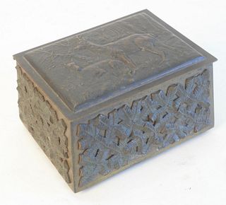 Bronze Box, with hinged lid, top with deer, sides with ferns, height 4 1/4 inches, top 4 1/2" x 5 1/2".
