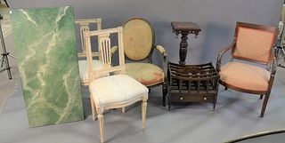 Seven Piece Lot, to include 2 armchairs; 1 carved pedestal, height 32 1/2 inches, top 12" x 12"; 1 Canterbury; along with two side chairs and a coffee