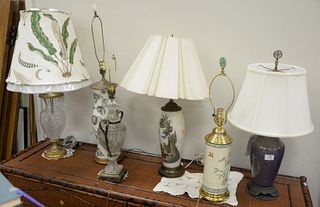 Six Table Lamps, to include two crystal urn shaped; a Japanese cylindrical vase; along with three glass lamps, tallest 34 inches.