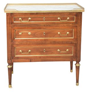 Louis XVI Style Mahogany Commode, with marble top, brass trimmed, set on fluted legs with brass trim, in the manner of Jansen, height 33 1/2 inches, t