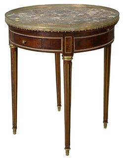 Louis XVI Style Table, with brass gallery and marble top, with two drawers, and two candle slides, probably 19th Century, height 30 inches, diameter 2