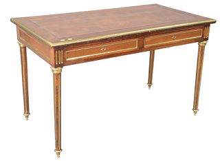 Louis XVI Style Desk, having leather top with brass trim, two drawers on fluted brass trimmed legs, height 29 inches, width 48 inches, top 25" x 47".