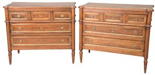 Pair Louis XVI Style Fruitwood Commodes, with brass trim, (probably made up of old elements), height 31 inches, width 35 inches.