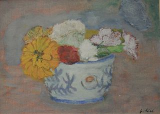 Jerome HIll (1905 - 1972), still life of flowers in blue and white bowl, oil on canvas board, signed lower right 'J. Hill', 9 3/4" x 13".