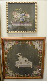 Two Needlepoint Wall Hangings, one in tiger maple frame, one in gilt frame, 26 1/2" x 24" and 17 1/2" x 17".