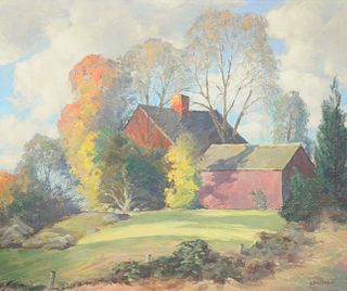 Alex Poplaski (Russian/American, 1906 - 1988), Red House on the Hill, oil on canvas, signed lower left: A. Poplaski, 25" x 30".